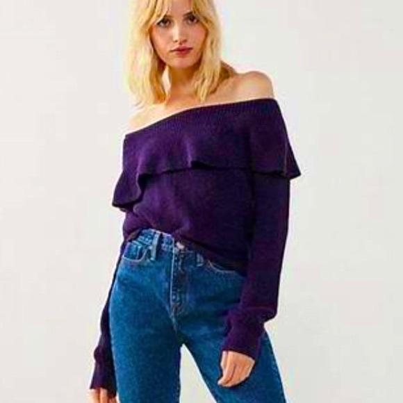Kimchi Blue Purple Off-Shoulder Sweater with Foldover Neckline Medium - Picture 1 of 6
